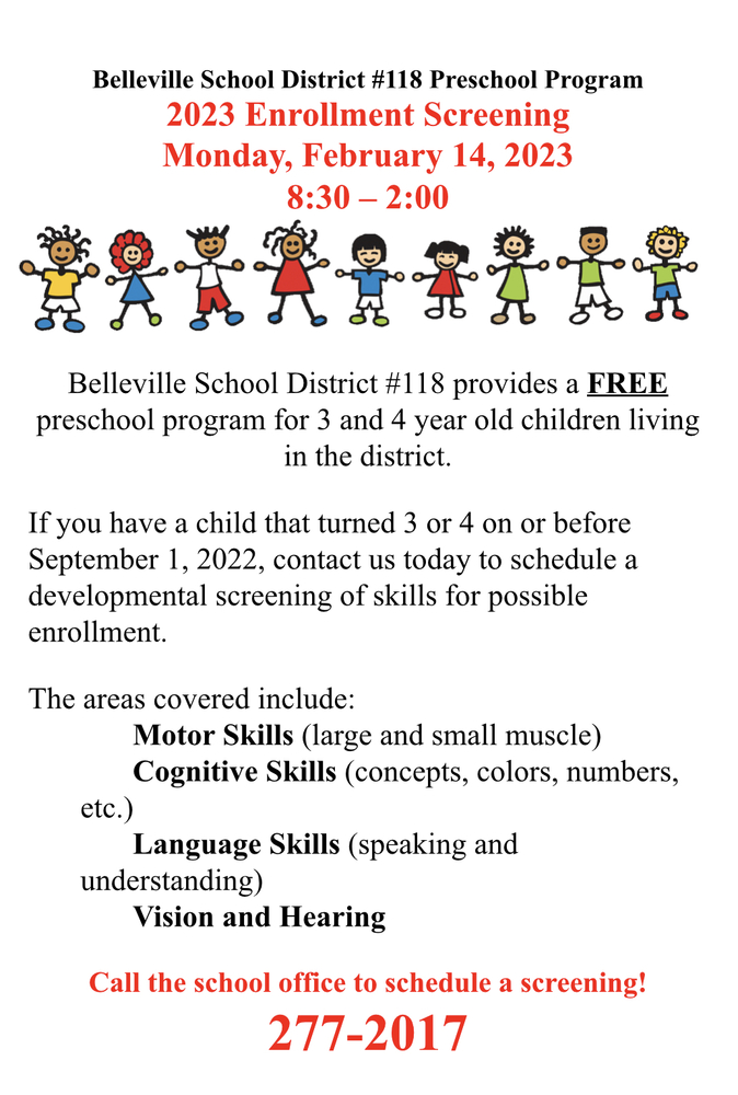 2023 Preschool Enrollment Screening on Monday, February 14, 2023