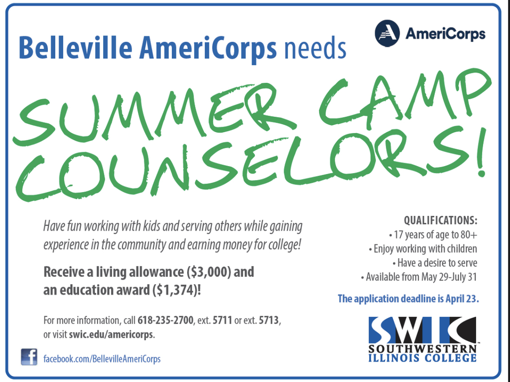 Belleville Americorps Summer Camp Counselors Needed Flyer
